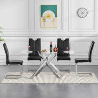 Glass Dining Table Set, Modern Glass Kitchen Table and Chairs, Dining Room Table Set with 51" Glass Dinner Table & Faux Leather Chairs for Small Space by Mercer41