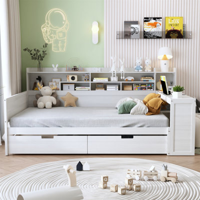 Wooden Daybed With Storage Shelves, Multi-Functional Bed With Two Drawers And Study Desk by Latitude Run