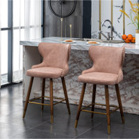 Mid-century Modern Pink Counter Stools (2) - Faux Leather Upholstery, Button Back, Nailhead Trim, Tapered Walnut Legs, Metal Footrest (2) , Trimmed, S by Everly Quinn