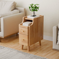 Narrow Nightstand with Drawers, Pre-Assembled Solid Wood Small Skinny Night Stand with Open Sliding Shelf