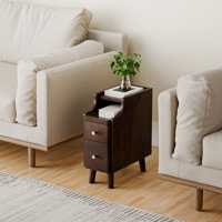 Narrow Nightstand with Drawers, Pre-Assembled Solid Wood Small Skinny Night Stand with Open Sliding Shelf