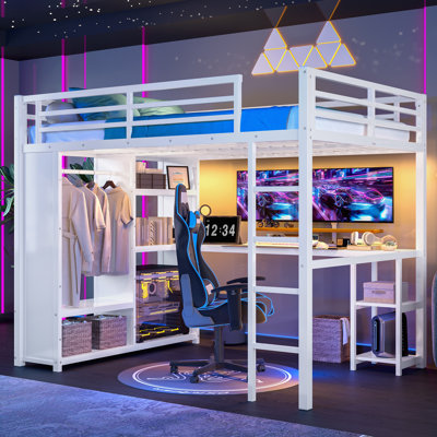 White Queen Size Metal Loft Bed Frame with Built-in Wardrobe, Desk & Storage Shelves for Space-Saving by Ivy Bronx