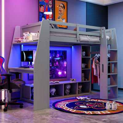 Wood Gray Gaming Loft Bed with Desk, LED Lights, Storage Shelves & Hanging Clothes Rack, Gray by Ivy Bronx