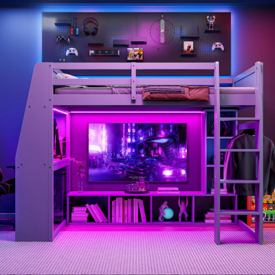 Wood Gray Gaming Loft Bed with Desk, LED Lights, Storage Shelves & Hanging Clothes Rack, Gray by Ivy Bronx
