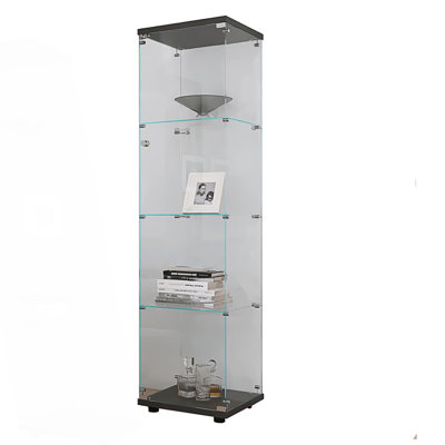 4 Shelves Glass Cabinet Glass Display Cabinet With One Door by Ophelia & Co.