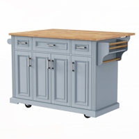 54Inch Large Kitchen Island With Rubber Wood Drop Leaf, Embossed Texture Rolling Kitchen Cart On 4 Wheels With 4 Doors And 3 Drawers, Kitchen Island W by Ophelia & Co.