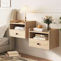 Floating Nightstand Set of 2 Modern Night Stands with Drawer and Open Shelf Cubby Small Bedside End Table by Latitude Run