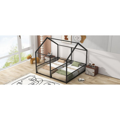 Durable Metal Twin Size House Platform Beds, Two Shared Beds for Space-Saving and Stylish Sleeping Solution in Black