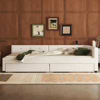 CALLIDORA Beige Queen Size Upholstered Platform Bed With USB Ports And 2 Storage Drawers by Latitude Run