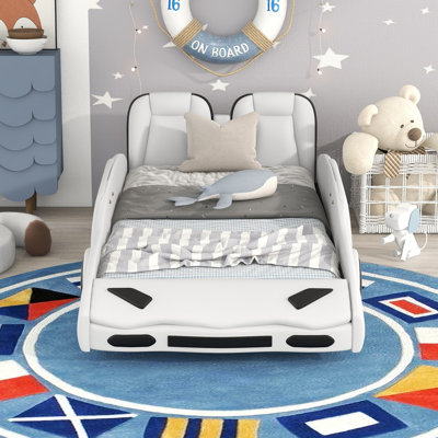 Twin Size Race Car-Shaped Platform Bed with Wheels, White by Ivy Bronx