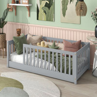 Twin Size Rubber Wood Floor Bed with Safety Guardrails for Compact Rooms and Kids