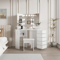 Corner Makeup Vanity with Lights - Adjustable LED Mirror, 5 Rotating Drawers & Power Outlet, Includes Stool by Ebern Designs