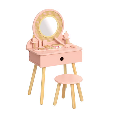 Kids Vanity Table And Chair Set, Ideal Pretend Makeup Gift 11 Accessories Included by George Oliver
