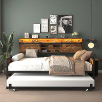 Farmhouse Twin Daybed with Trundle, Barn Door Headboard, LED Light & Charging Station by Ophelia & Co.