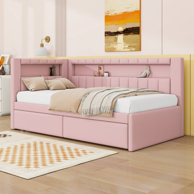 Twin Upholstered Daybed Bed with 2 Drawers, USB Ports and LED Belt by Ivy Bronx