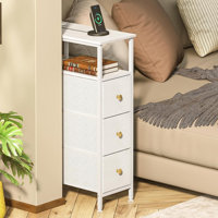 Narrow Dresser with Charging Station, Tall Skinny Nightstand with 3 Fabric Drawers, Dorm Silm Bedside Table