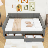 Queen Upholstered Platform Bed with USB Ports and 2 Storage Drawers