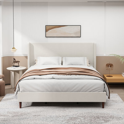 High Headboard Upholstered Bed, King Size Bed Frame, 12-Slat Support, Easy To Assemble, Chenille Cloth, No Box Spring Needed by Everly Quinn