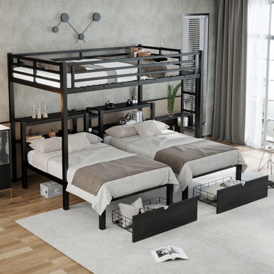 Full XL Over Twin & Twin Triple Bunk Bed with Storage Drawers, Shelves & USB, Heavy-Duty Metal Frame by 17 Stories