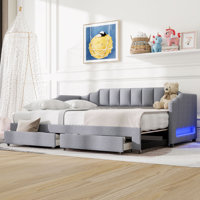 Extendable Twin XL to King Upholstered Daybed with Trundle, 2 Storage Drawers & LED Light by Latitude Run