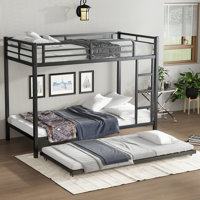 Metal Bunk Bed with Twin Trundle, Sturdy Frame, Guardrails & Ladders, Space-Saving Black Design by Latitude Run
