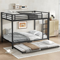 Metal Bunk Bed with Twin Trundle, Sturdy Frame, Guardrails & Ladders, Space-Saving Black Design by Latitude Run
