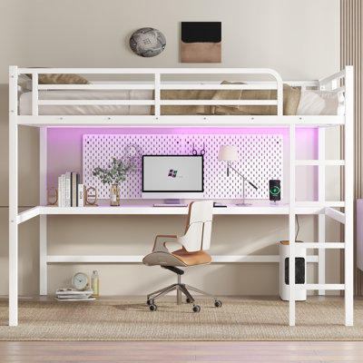 Queen Size Metal Loft Bed with Desk, LED Light, USB & Power Outlet, Guardrails, Space-Saving Design, White by Ivy Bronx