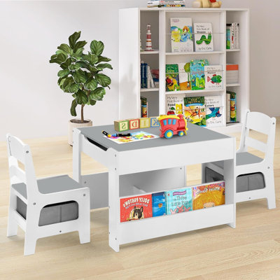 Kids Wood Table & 2 Chairs Set, 4 in 1 Children Activity Table w/Double Bookcase, Blackboard, Toddler Furniture Set by Isabelle & Max