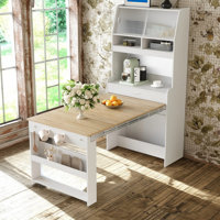 Compact 33.5" Buffet with Hutch and Foldable Dining Table, Multifunctional Storage Cabinet with Shelf & Hooks