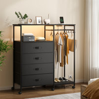 4-Drawer Dresser With Clothes Rack, Led Lighting & Charging Station, Modern Storage Cabinet With Hanging Rod & Wheels For Bedroom Or Closet by Wrought Studio