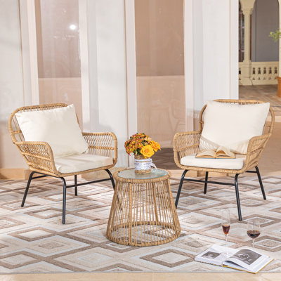 2 - Person Boho Patio Wicker Seating Group Dining Set with Cushions Rattan Bistro Set with Round Table by Bay Isle Home