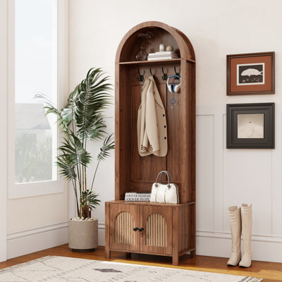 Arch Hall Tree With Bench And Shoe Storage, 4-in-1 Coat Rack With 4 Hooks And 2 Fluted Doors by Alcott Hill