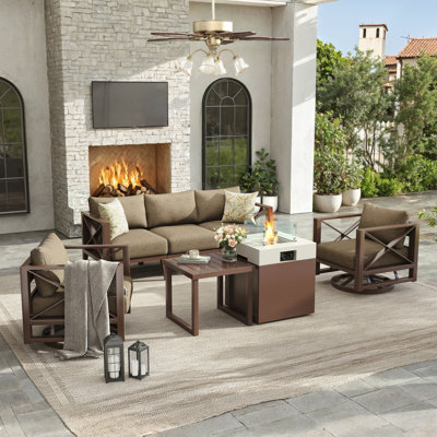 5 - Person Outdoor Aluminum Conversation Set with Swivel Chairs & Firepit