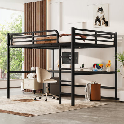 Queen Metal Loft Bed with Desk, USB Charging, LED Lights, Safety Guardrails, Space-Saving Design, Black by Ivy Bronx