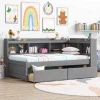 L-Shaped Bookcase Bed with Storage Drawers, Power Outlets & USB Ports, Platform Bed by Hokku Designs