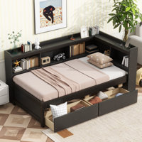 L-Shaped Bookcase Bed with Storage Drawers, Power Outlets & USB Ports, Platform Bed by Hokku Designs