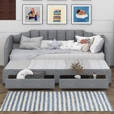 Twin XL To King Extendable Daybed With Storage Drawers & LED Lights, Upholstered Sofa Bed, Twin XL Upholstered Daybed by Latitude Run