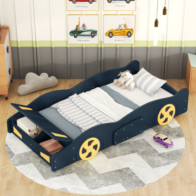THALINA Dark Blue And Yellow Full Size Race Car Platform Bed With Storage And Decorative Wheels by Ivy Bronx