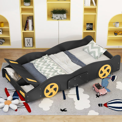 THALINA Dark Blue And Yellow Full Size Race Car Platform Bed With Storage And Decorative Wheels by Ivy Bronx