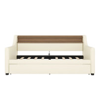 Upholstered Twin Daybed with Trundle, USB Charging Station & LED Lights, White Platform Sofa Bed for Guest Room by Latitude Run