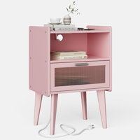 Nightstand With Charging Station, Bedside Tables Pink End Table Side Table With 2 Tiers Storage Space