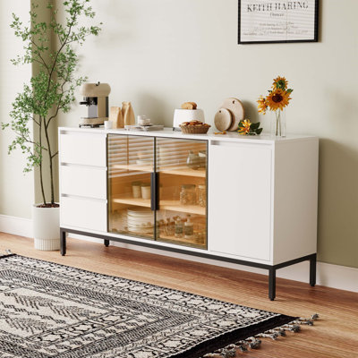 Durable Buffet Cabinet with Storage, 3 Drawers, and Doors for Kitchen and Dining Room Organization, White Finish