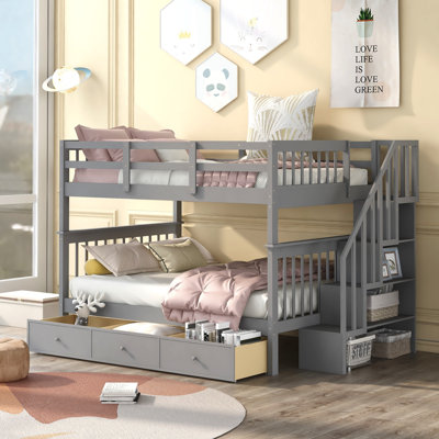 Full-Over-Full Stairway Bunk Bed with Storage Drawer & Guard Rails, Kids Bunk Bed for Bedroom by Hokku Designs