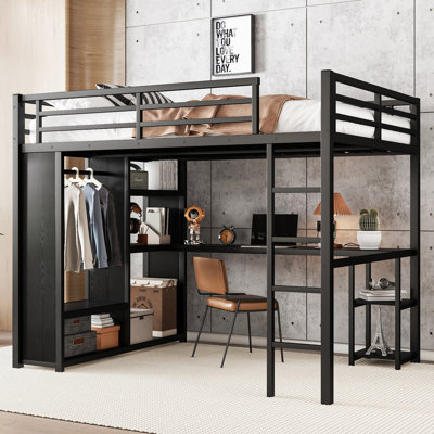 Multi-Functional Loft Bed Frame With Built-In Wardrobe, Desk And Storage Shelves, Perfect For Space-Saving And Comfortable Living by 17 Stories