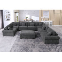 Modular Large 8 Seats Roller Arms Nailheads Cloud Couch Chenille Corner Sectional Sofa by Red Barrel Studio