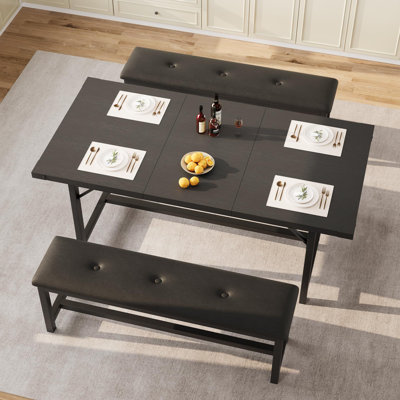 63" Dining Table Set for 4-6, Large Extendable Kitchen Table Set with 2 Upholstered Benches for 6, 3 Piece Rectangle Dining Table Set for 4 for Apartm by 17 Stories