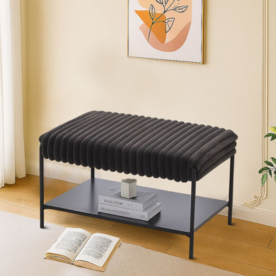 Modern Upholstered Storage Ottoman storage bench upholstered bench with Soft Ribbed Top and Metal Frame, Lower Shelf by Ebern Designs