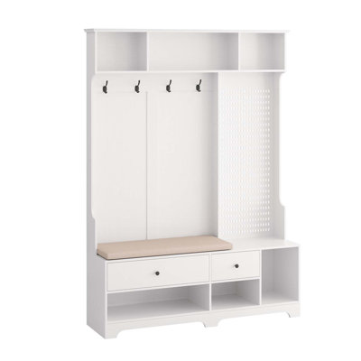 Multi-purpose Hallway Hall Tree with Removable Linen Cushioned Entryway Bench, Coat Rack, Storage Shelves, and DIY Pegboard,for Hallways, Living Room by Rebrilliant