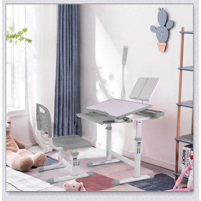 Desk for Kids Desk and Chair Set Kids Art Desk Drafting Table Desk Set with Adjustable Height, 40-Degree Tiltable Children Desktop, LED Light,Bookstan by Wrought Studio