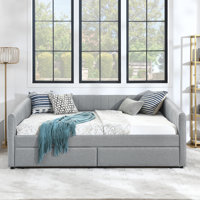 Queen Size Daybed With Two Drawers Trundle Upholstered Sofa Bed, With Vertical Stripes, Linen Fabric, (86.5"X65"X30") by Latitude Run
